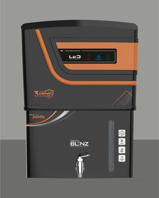 Aqua Blinz Triwa 12L RO+UV+UF Water Purifier with Alkaline, Copper & Zinc Technology (Black/Orange)